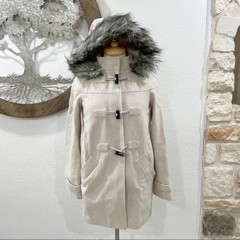 ASOS Wool Blend Toggle Duffle Coat Fur Trimmed Hood Oatmeal Gray 2
